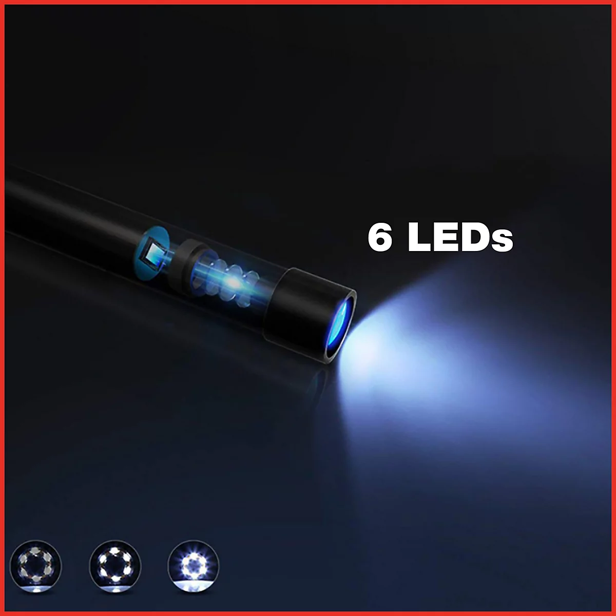 Eine schwarze Inspektionsleuchte, die einen hellen blauen Lichtstrahl aussendet. Text: 6 LEDs. Am unteren Rand sind drei kleine Abbildungen der Beleuchtung.